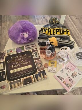 Hufflepuff Beanie with Purple Plush Hedgehog & Harry Potter Craft Book Bundle